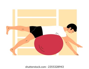 Young man doing exercises on a gymnastic ball. Balance on the ball. Relaxation and balance. Flat vector illustration