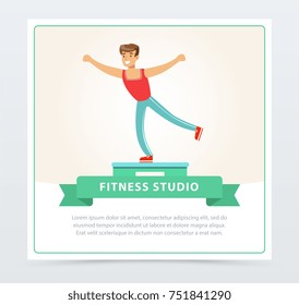 Young man doing exercises on a platform, fitness studio banner flat vector element for website or mobile app with sample text
