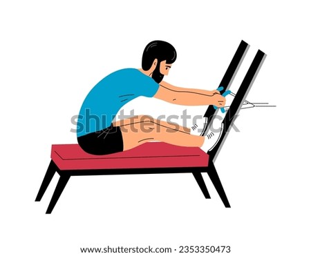 Young man doing exercises on a sports simulator. Body training and strengthening. Sport, therapy and recovery. Flat vector illustration
