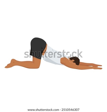 Young man doing Extended Puppy yoga pose. Uttana Shishosana. Flat vector illustration isolated on white background