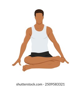 Young man doing fire log pose or agnistambhasana yoga exercise. Flat vector illustration isolated on white background
