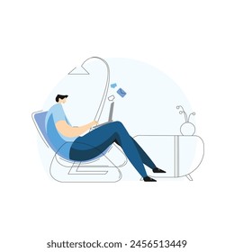 Young Man doing freelance work at home |Vector young man working from home illustration young man sitting on a chair and using laptop freelance