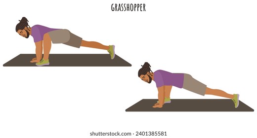 Joven haciendo ejercicio de saltamontes. Deporte, bienestar, fitness. Ilustración vectorial plana