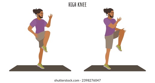 Young man doing high knee exercise. Sport, wellness, workout, fitness. Flat vector illustration