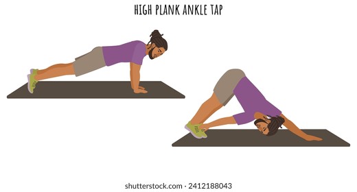 Young man doing high plank ankle tap exercise. Sport, wellness, workout, fitness. Flat vector illustration