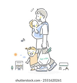 A young man doing housework and childcare, parental leave, simple and stylish line drawing illustration