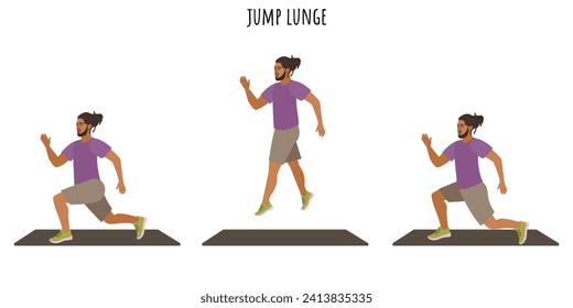 Young man doing jump lunge exercise. Sport, wellness, workout, fitness. Flat vector illustration