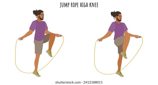 Young man doing jump rope high knee exercise. Sport, wellness, workout, fitness. Flat vector illustration