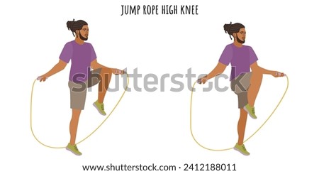 Young man doing jump rope high knee exercise. Sport, wellness, workout, fitness. Flat vector illustration