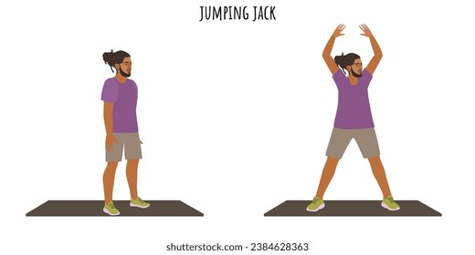 Young man doing jumping jack exercise. Sport, wellness, workout, fitness. Flat vector illustration