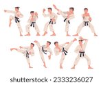 Young Man Doing Karate Wearing Kimono and Black Belt Engaged in Martial Art Vector Set