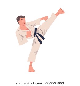 Young Man Doing Karate Wearing Kimono and Black Belt Engaged in Martial Art Vector Illustration