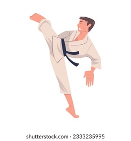 Young Man Doing Karate Wearing Kimono and Black Belt Engaged in Martial Art Vector Illustration