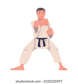 Der junge Mann, der Karate macht, trägt Kimono und den schwarzen Gürtel, der sich in einer Vektorgrafik der Kampfkunst engagiert