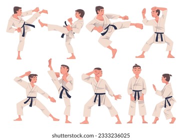 Young Man Doing Karate Wearing Kimono and Black Belt Engaged in Martial Art Vector Set