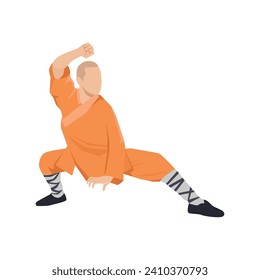 Young man doing kung fu fighting exercise. Energetic shaolin monk. Flat vector illustration isolated on white background