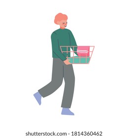 Young Man Doing Laundry at Home or Public Laundrette, Guy Carrying Basket of Dirty Laundry Flat Style Vector Illustration