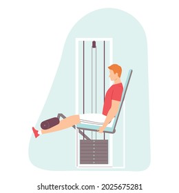 Young man doing leg extension in a sports simulator. Exercise machine. Healthy lifestyle. Vector illustration in hand drawn flat style.