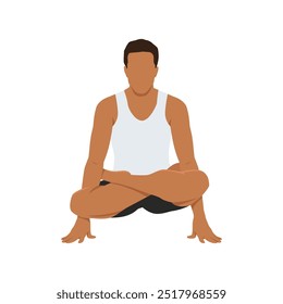 Jovem fazendo pose de lótus de mãos dadas. De pé em mãos em pose de lótus. Ilustração de vetor plano isolada no plano de fundo branco