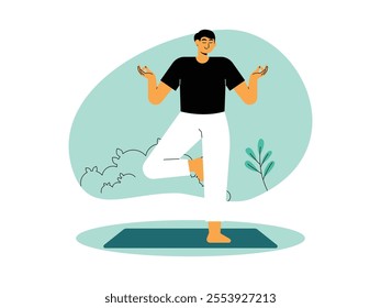 Young man doing meditation calmly, standing with one leg on yoga mat, calm face with closed eyes, both hands on the sides forming mudra symbol, vector illustration.