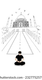 A young man doing meditation in front of the Taj Mahal, wearing all black, vector 