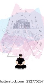 A young man doing meditation in front of the Taj Mahal, on a background of grunge brush strokes in a watercolor feel, vector 

