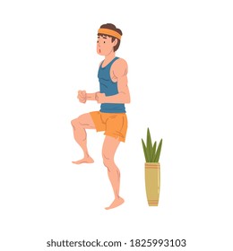 Young Man Doing Morning Exercises at Home, Stay Home, Keep Fit and Positive Cartoon Style Vector Illustration