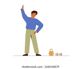 Young man doing morning exercises. Strong boy training at gym or home. Concept of physical activities and healthy sports habits. Vector illustration