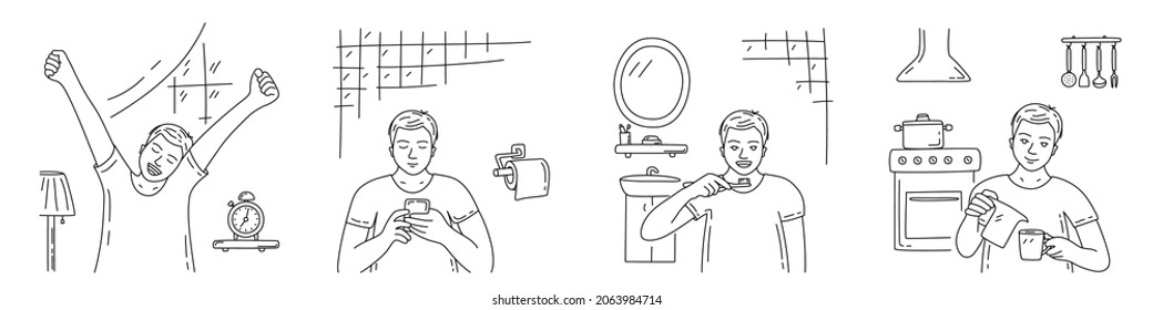 Young man doing morning routine. Daily rituals. Hand drawn doodle vector illustration. Man wakes up early, sits on the toilet, brushing teeth, preparing breakfast. Bundle of daily life scenes