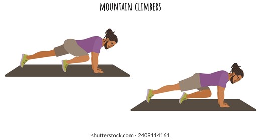 Hombre joven haciendo ejercicio de escaladores de montaña. Deportes, wellness, entrenamiento, fitness. Ilustración vectorial plana
