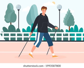 Young man doing nordic walking outdoors. Flat cartoon vector illustration