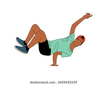 Young man is doing a one arm stand on a white background. Cool Guy is wearing a modern street fashion summer clothes. Breakdance dancer teenager. Vector illustration isolated on white background.