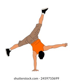 Young man is doing a one arm stand on a white background. Cool Guy is wearing a modern street fashion summer clothes. Breakdance dancer teenager. Vector illustration isolated on white background.