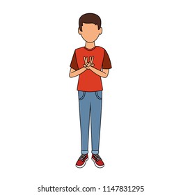 Young man doing peace hand sign