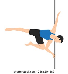 Young man doing pole dancing. Flat vector illustration isolated on white background