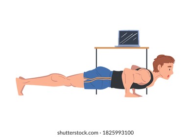 Young Man Doing Push up Exercise at Home, Physical Activity and Healthy Lifestyle Concept, Stay Home, Keep Fit and Positive Cartoon Style Vector Illustration