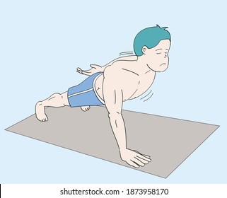 Young man doing push ups with one hand. Hand drawn style vector design illustrations