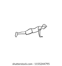 Young man doing push-ups hand drawn outline doodle icon. Fitness, push-up and plank exercises, training concept. Vector sketch illustration for print, web, mobile and infographics on white background.