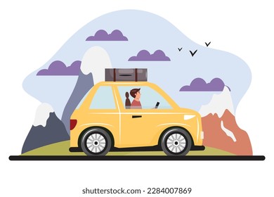 Young man doing a road trip with a yellow car.