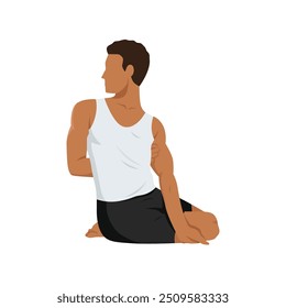 Jovem fazendo sânscrito Sage Pose ou Bharadvajasana ou torção bharadvaja. Ilustração de vetor plano isolada no plano de fundo branco