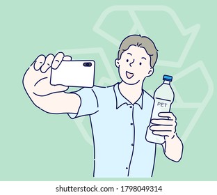 Young man doing selfies in his hand held a water bottle. Concept of deforestation, Ecology, Conservation,Recycling and Sustainability. Hand drawn in thin line style, vector illustrations.