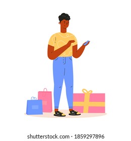 Young man doing shoping and buys gifts. Guy looking for gifts on the phone.Trendy teenager is preparing for the holidays. Vector colorful illustration in flat style.