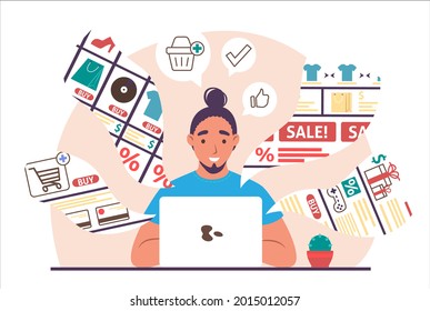 Junge Leute, die online mit Laptop-Computer einkaufen, flache Vektorgrafik. Männliche Charaktere kaufen online ein. Internet-Shop, E-Commerce.