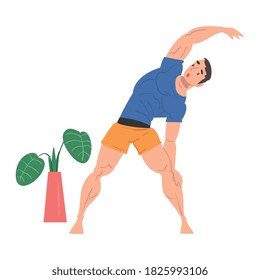 Young Man Doing Side Bends at Home, Physical Activity and Healthy Lifestyle Concept, Stay Home, Keep Fit and Positive Cartoon Style Vector Illustration