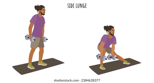 Young man doing side lunge exercise. Sport, wellness, workout, fitness. Flat vector illustration