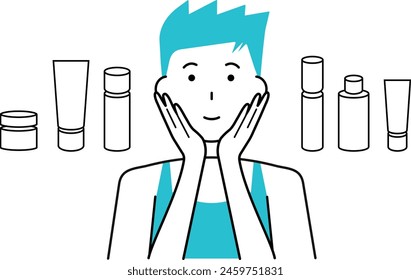 Young man doing skin care and cosmetic bottles