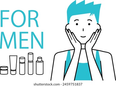Young man doing skin care and cosmetic bottles with FOR MEN word