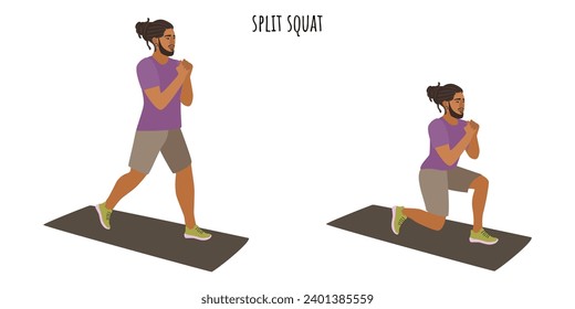 Young man doing split squat exercise. Sport, wellness, workout, fitness. Flat vector illustration