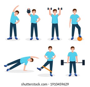 Young man doing sport exercises. Fitness, workout, gym set. Active and healthy lifestyle for people concept. Vector character icons on white background.