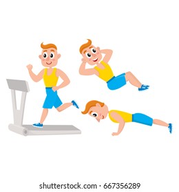 Young man doing sport exercises, training, push-ups, cartoon vector illustration isolated on white background. Cartoon man, guy doing fitness exercises, weightlifting